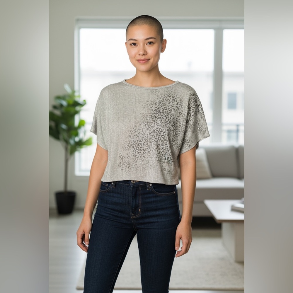 Gray Leopard Print Short Sleeve  Sweater Dolled Up by FANG
